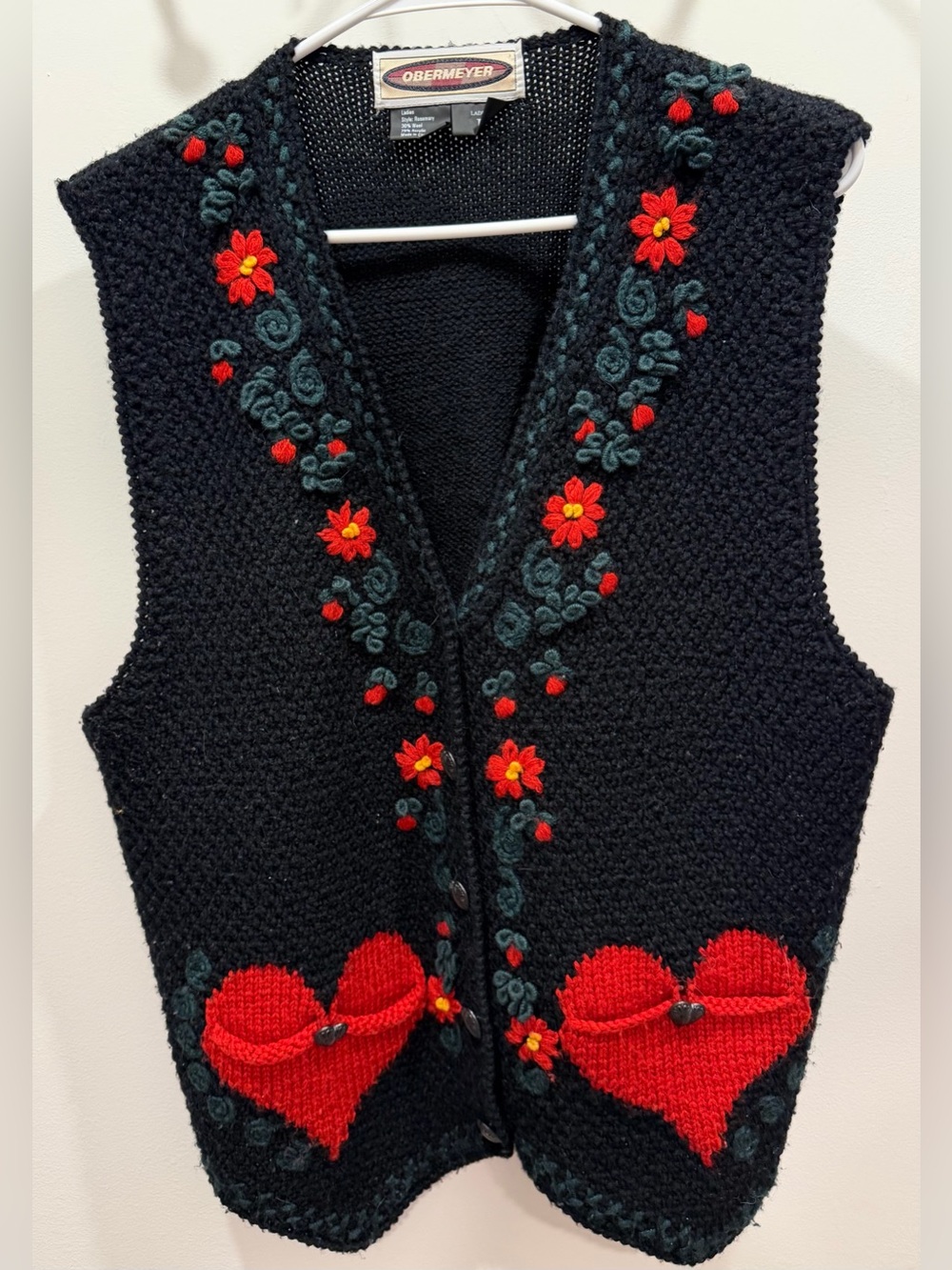 VINTAGE OBERMEYER Wool Heart & Flowers Embroidered Knit Vest